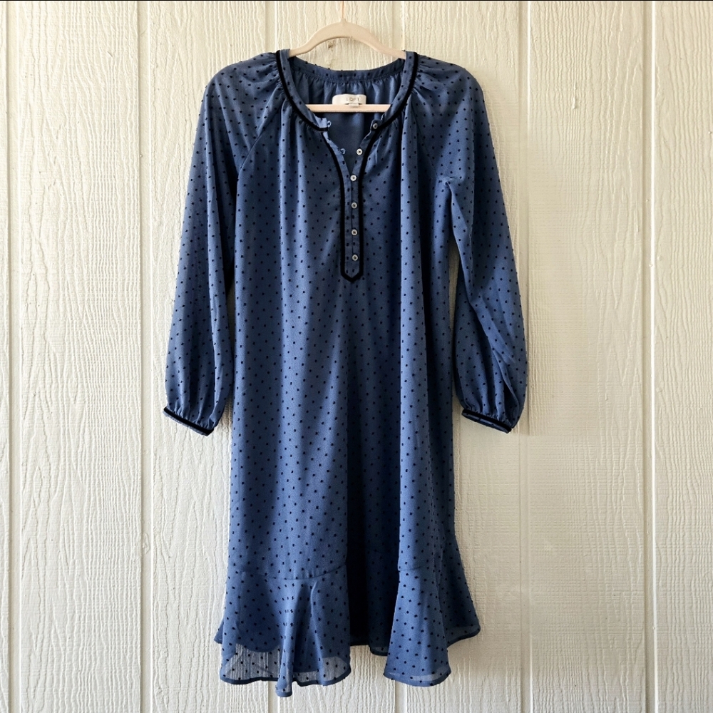 LOFT Ann Taylor Blue Swiss Dot Peasant  Dress Button Front Longsleeve Small